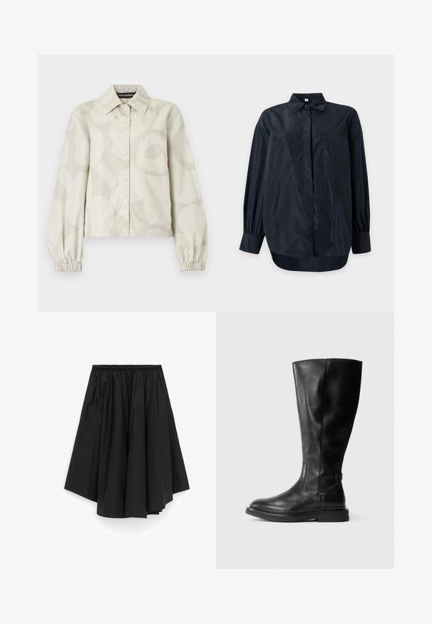 Veste beige boutonnée avec poignets longs élastiques et motif floral subtil et grand, col à revers, et étiquette Marimekko à l'intérieur du col.; Chemise noire à manches longues, boutonnée, avec col et poche poitrine, présentée sur un fond clair uni.; Jupe noire longueur genou avec taille élastique et tissu froncé créant un ourlet évasé et asymétrique.; Botte noire en cuir, montant jusqu'au genou, avec un bout rond, un-dessus légèrement texturé et une semelle en caoutchouc. Équipée d'un panneau latéral pour un enfilage facile.