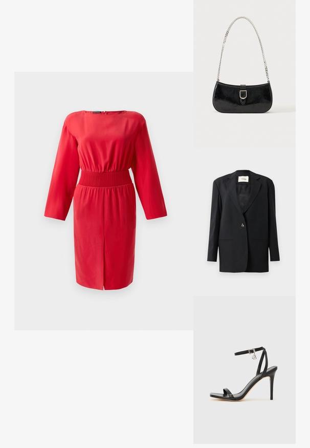 Zwarte op maat gemaakte blazer met een geknipte kraag, enkele knoopsluiting, twee voorzakken en een elegante, gladde structuur.; Rode jurk met lange mouwen en een smocked taille. Glad materiaal, knielange zoom en een rits aan de achterkant. Eenvoudig, aansluitend ontwerp zonder prints.; Zwarte sandaal met hoge hak, smalle enkelband, vierkante neus, soepel leermateriaal en metalen gespsluiting.; Zwarte lakleren schoudertas met een zilveren gespdetail en een zilveren kettingriem, getoond tegen een effen lichte achtergrond.