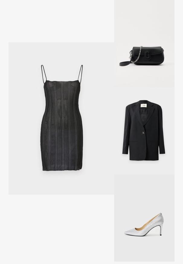 Blazer noir ajusté avec un col cranté, fermeture à un bouton, deux poches à l'avant et une texture lisse et élégante.; Robe noire cintrée avec de fines bretelles spaghetti, présentant une texture rayée verticale et une coupe au genou. Finition en tissu lisse.; Pompe à talons aiguilles en argent pailleté avec un bout pointu et une doublure intérieure lisse. Le talon est fin, soulignant le design élégant.; Sac en cuir noir à bandoulière avec chaîne en argent et sangle noire, rabat avant avec détail de logo rectangulaire arrondi, sur fond blanc.