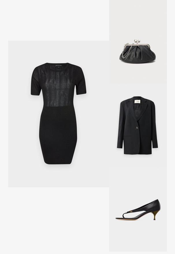 Zwarte op maat gemaakte blazer met een geknipte kraag, enkele knoopsluiting, twee voorzakken en een elegante, gladde structuur.; Zwarte gebreide jurk met korte mouwen, een aansluitende silhouet en een getextureerd paneel met verticale lijnen op het lijfje.; Zwarte leren sandaal met kittenheel, smalle teenslip en gouden embleemdetail aan de zijkant.; Zwarte leren clutch met geplooide textuur, zilverkleurig metalen frame, drukknopsluiting en kettingriem. Glad, zacht oppervlak.