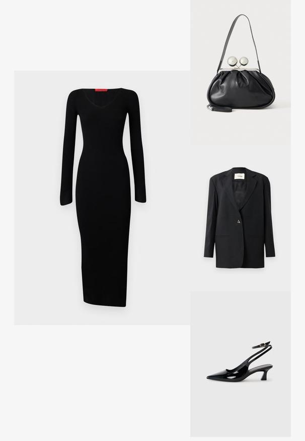 Blazer negro a medida con cuello de muesca, cierre de un solo botón, dos bolsillos frontales y una textura lisa y suave.; Vestido negro de manga larga con textura acanalada, escote en V y silueta ajustada, que llega hasta la mitad de la pantorrilla. La textura suave resalta un diseño elegante.; Zapatos de tacón de charol negro con punta afilada, tacón bajo tipo bloque y correa ajustable en el tobillo con un hebilla dorada.; Bolso de mano de cuero negro con diseño fruncido, una sola correa, marco metálico plateado y dos cierres grandes redondos de plata.