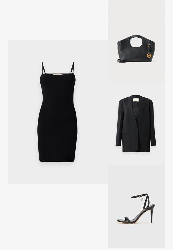 Blazer negro a medida con cuello de muesca, cierre de un solo botón, dos bolsillos frontales y una textura lisa y suave.; Vestido negro de punto acanalado con tirantes delgados ajustables y escote recto. Corte entallado, diseño minimalista y sin patrones o acentos visibles.; Sandalia de tacón alto negra con una estrecha correa en el tobillo, punta cuadrada, material de cuero liso y detalle de hebilla metálica.; Bolso de piel negra Michael Kors con asa redonda en la parte superior, charm de logotipo dorado y correa de hombro desmontable sobre fondo blanco.