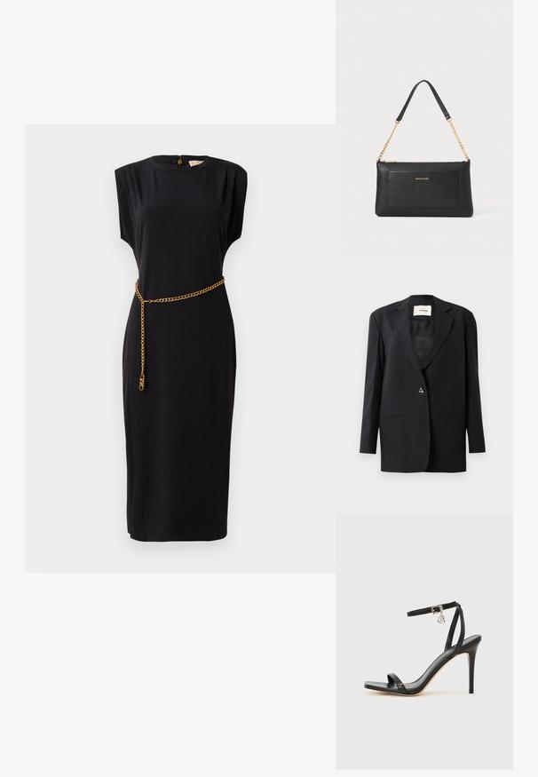 Blazer negro a medida con cuello de muesca, cierre de un solo botón, dos bolsillos frontales y una textura lisa y suave.; Vestido midi negro con mangas cortas, escote redondo, detalles plisados y un cinturón de cadena dorada, confeccionado en un tejido suave.; Sandalia de tacón alto negra con una estrecha correa en el tobillo, punta cuadrada, material de cuero liso y detalle de hebilla metálica.; Clutch de cuero negro con textura de guijarro, correa de cadena dorada y un bolsillo frontal. Presenta un logo dorado en la parte delantera.