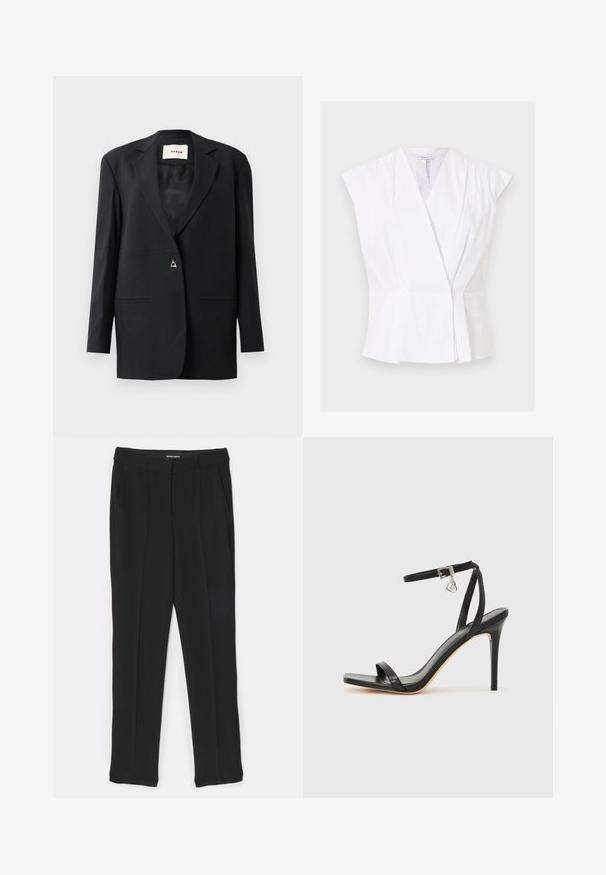 Zwarte op maat gemaakte blazer met een geknipte kraag, enkele knoopsluiting, twee voorzakken en een elegante, gladde structuur.; Witte mouwloze wikkelblouse met V-hals en subtiele plooien bij de schouders en taille tegen een effen achtergrond.; Zwarte broek met een recht gesneden ontwerp, voorzien van plooien, zijzakken en een gladde textuur. Gemaakt van een lichtgewicht stof.; Zwarte sandaal met hoge hak, smalle enkelband, vierkante neus, soepel leermateriaal en metalen gespsluiting.