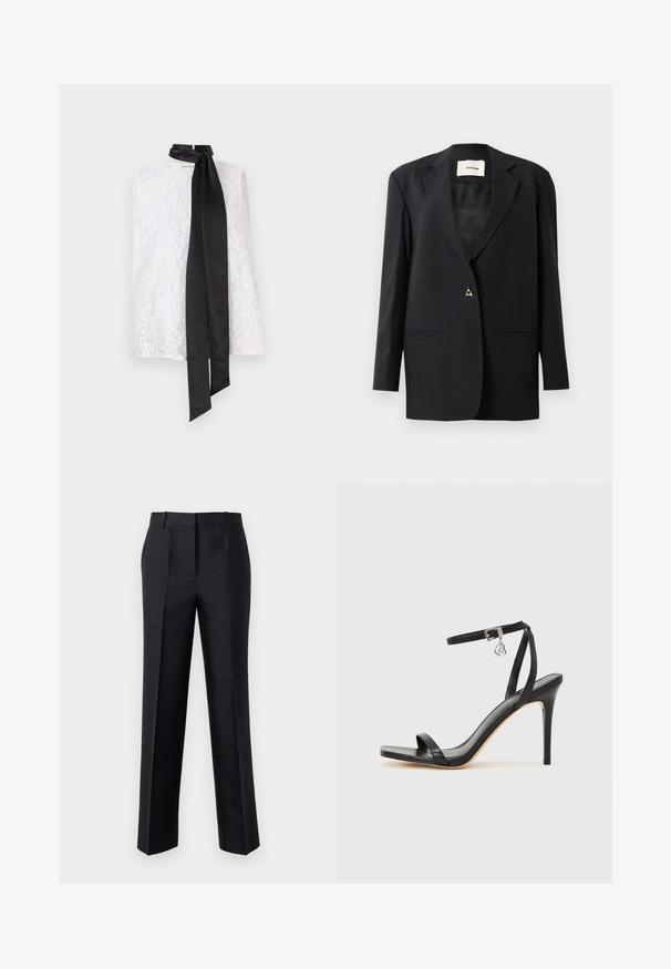 Blazer noir ajusté avec un col cranté, fermeture à un bouton, deux poches à l'avant et une texture lisse et élégante.; Haut en dentelle blanche avec un col montant et un ruban en satin noir noué au niveau du col. Motif de dentelle complexe et texture lisse.; Pantalon noir avec une coupe droite, texture lisse et fermeture à glissière dissimulée. Présente des plis pour un style supplémentaire et un look ajusté.; Sandale à talon haut noire avec une bride étroite à la cheville, bout carré, cuir lisse et accent de boucle métallique.