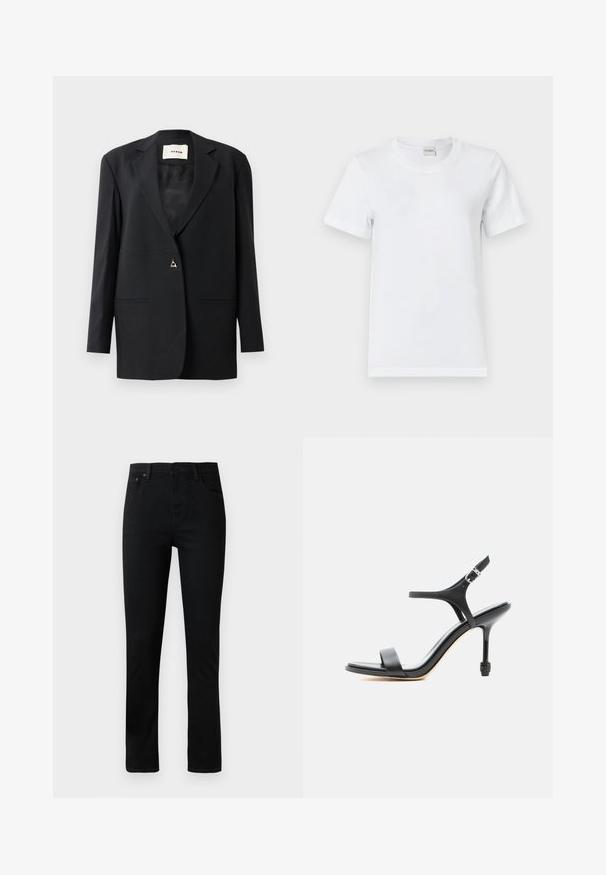 Sort skræddersyet blazer med en spids krave, enkelt knaplukning, to forlommer og en glat, strømlinet tekstur.; Hvid bomulds T-shirt med rund halsudskæring, korte ærmer, lige kant og en glat tekstur. Ingen mønstre eller yderligere hardware.; Sorte denimjeans med lige ben, der har en knappestolpe, fem lommer og diskrete syninger. Glat tekstur, klassisk design.; Sort læder sandal med høje hæle, tynde stropper, åben tå og justerbar ankelspænde, vist mod en ensartet hvid baggrund.