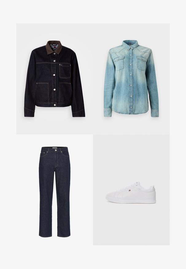 Dunkle Denimjacke mit braunem Kragen, Knopfleiste vorne, drei Taschen und kontrastierenden Nähten auf weißem Hintergrund.; Hellblaue Jeanshemd mit langen Ärmeln, spitzem Kragen, zwei Brusttaschen und Knopfverschluss. Besitzt einen verblassten und strukturierten Stoff.; Gestuz SUMMER WIDE - Wide Leg - unwashed denim; Weiße Low-Top-Sneaker mit einem Obermaterial aus glattem Leder, runder Zehenpartie und flacher Gummisohle. Besitzt dezentes Branding an der Seite und weiße Schnürsenkel.