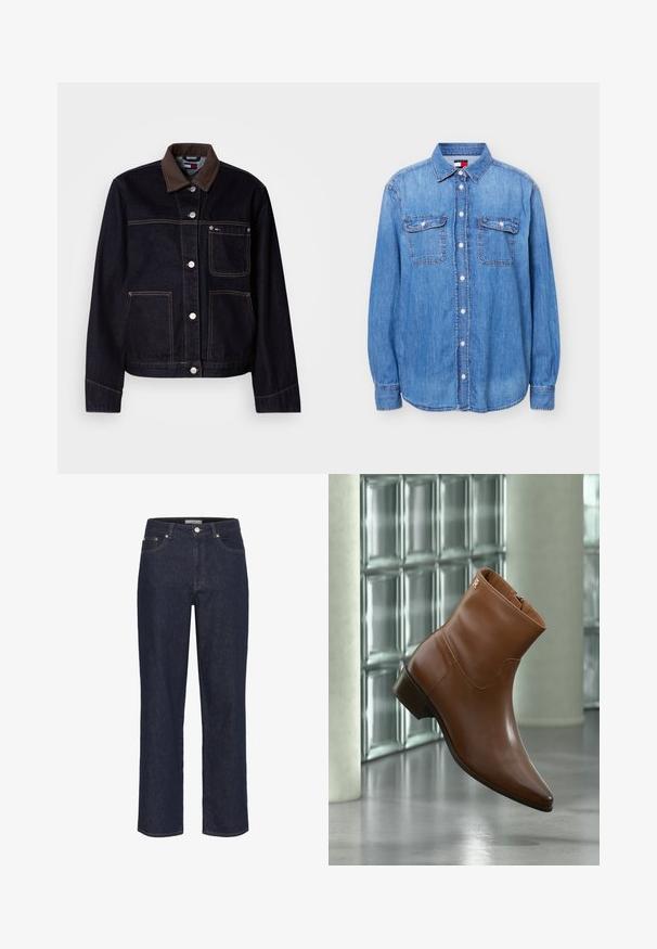 Mørk denimjakke med brun krave, frontlukning med knapper, tre lommer og kontrastsyning på hvid baggrund.; Lyseblå denimskjorte med knapper, lange ærmer, to frontlommer med klap og krave, vist på en hvid baggrund.; Gestuz SUMMER WIDE - Wide leg - unwashed denim; Brun læderankelstøvle med lav hæl og sidelukning med lynlås, vist mod en baggrund af glasblokke og glat gulvoverflade.