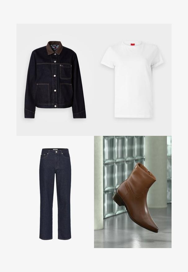 Dunkle Denimjacke mit braunem Kragen, Knopfleiste vorne, drei Taschen und kontrastierenden Nähten auf weißem Hintergrund.; Weißes Kurzarm-T-Shirt aus leichtem Baumwollstoff. Hat einen runden Halsausschnitt und umgeschlagene Ärmel. Rotes Logo-Tag am Kragen.; Gestuz SUMMER WIDE - Wide Leg - unwashed denim; Brauner Leder-Knöchelstiefel mit niedrigem Absatz und seitlichem Reißverschluss, vor einem Hintergrund aus Glasbausteinen und glatter Bodenfläche präsentiert.
