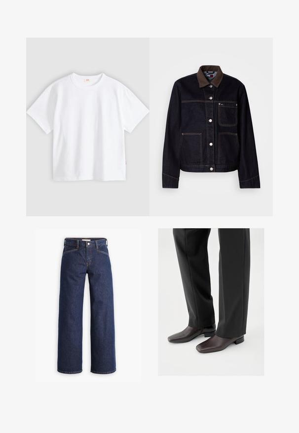 Veste en denim foncé avec col marron, fermeture à boutons sur le devant, trois poches et coutures contrastantes sur fond blanc.; T-shirt en coton blanc à manches courtes, col rond, coupe décontractée, texture lisse, avec une petite étiquette logo sur la couture latérale gauche.; Jeans en denim bleu marine avec taille haute, coupe large et broderies orange discrètes. Comprend une fermeture par bouton et zip à l'avant.; Chaussures en cuir marron foncé avec un bout carré et un petit talon bloc, portées avec un pantalon noir sur mesure, affichant une apparence élégante et polie.