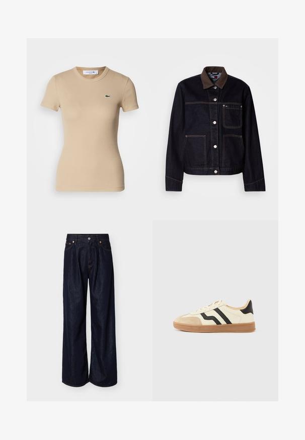Dunkle Denimjacke mit braunem Kragen, Knopfleiste vorne, drei Taschen und kontrastierenden Nähten auf weißem Hintergrund.; Beige gerippte Baumwoll-T-Shirt mit kurzen Ärmeln, Rundhalsausschnitt, taillierter Form und einem kleinen grünen Lacoste-Logo auf der linken Brust.; Weit geschnittene dunkelblaue Jeans aus Denim mit Frontknopf und Fünf-Taschen-Design vor einem schlichten hellen Hintergrund.; Schnürsneaker mit cremefarbenem Obermaterial, schwarzen Streifen und einer Zehenkappe aus Wildleder, ergänzt durch eine braune Gummisohle.