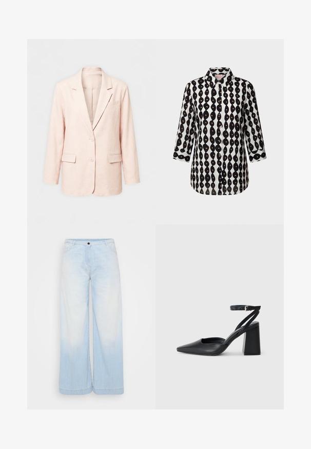 Einreihiger Blazer in blassem Rosa mit Kerbkragen, zwei Knöpfen, zwei vorderen Pattentaschen und einer Brusttasche, präsentiert vor einem einfarbigen Hintergrund.; Schwarz-weißes Hemd mit Knöpfen und 3/4-Ärmeln, das ein wellenförmiges vertikales Streifenmuster mit kleinen braunen Quadraten aufweist.; Hellblaue Denim-Jeans mit weitem Bein und einem Farbverlauf, ausgestattet mit einem Knopfverschluss, vorderen Taschen und Kontrastnähten am Saum.; Schwarze Leder-Pumps mit spitzer Zehe, einem Knöchelriemen und einem blockigen Absatz. Flache Textur, elegantes Design und minimalistische Ästhetik.