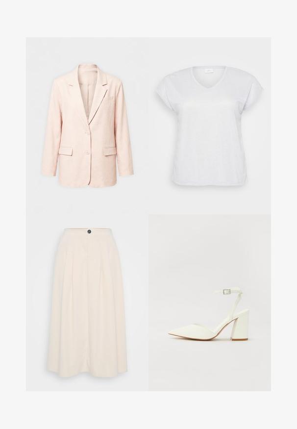 Einreihiger Blazer in blassem Rosa mit Kerbkragen, zwei Knöpfen, zwei vorderen Pattentaschen und einer Brusttasche, präsentiert vor einem einfarbigen Hintergrund.; Weißes, kurzärmliges V-Ausschnitt-T-Shirt mit einem subtilen Schimmer-Effekt, das einen lässigen Schnitt aufweist und keine sichtbaren Muster oder Akzente hat.; Ein cremefarbener Midikleidrock mit Falten, einer Knopfleiste vorne und einer glatten Textur, entworfen für eine legere Passform.; Weißer sandal mit Absatz und spitzem Zehenbereich, verstellbarem Knöchelriemen und chunky quadratischem Absatz. Glatte Textur mit minimalen Nähdetails.