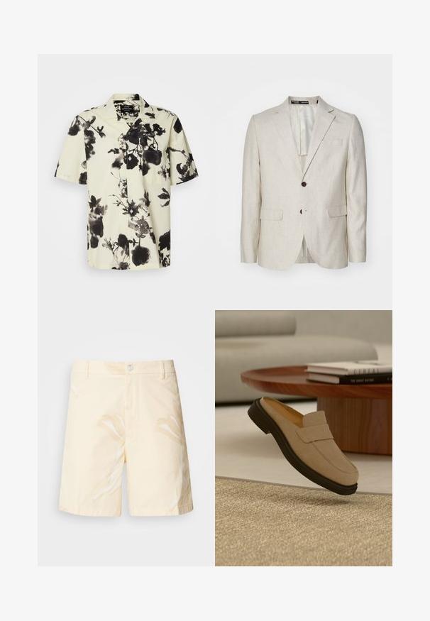 Lys beige linned blazer med en to-knaps lukning, notched revers, to forlommer og en enkelt rygventilation. Regular fit design.; Kortærmet skjorte med en crème farve og sorte blomster mønstre. Lavet af letvægtsstof, den har knaplukning foran og en brystlomme.; Bomuldsshorts i lys gul med blomstermønster. Har en knaplukning, frontlommer og en lige pasform med opretstående kanter.; Beige ruskind loafer med sort sål placeret oven på et lysebrunt tekstureret tæppe, med et rundt træ sofabord og bøger i baggrunden.