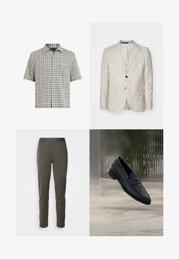 Lys beige linned blazer med en to-knaps lukning, notched revers, to forlommer og en enkelt rygventilation. Regular fit design.; Kortærmet skjorte i gråternet mønster, med knap-ned krave, forlommer og let stofstruktur med cremefarvede detaljer.; Olivenfarvede bukser lavet af strækbart stof, med en knaplukket talje, slim fit og lige ben uden mønstre eller fremtrædende hardware.; Sort læderloafer med glat finish, spids tå og sømdetaljer over vristen. Lav hæl og minimalistisk design.