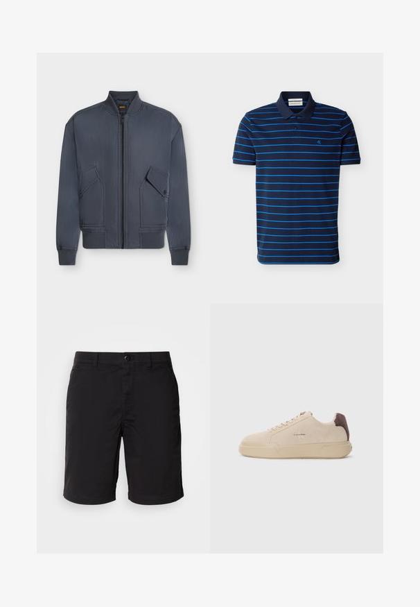 Marineblaue Bomberjacke mit Frontreißverschluss, geripptem Kragen, Bündchen, Saum und zwei schrägen Klappentaschen mit Druckknöpfen.; Marineblaues Poloshirt mit dünnen horizontalen hellblauen Streifen, kurzen Ärmeln, Zwei-Knopf-Leiste und kleinem "CK"-Logo auf der linken Brust.; Schwarze Shorts aus leichtem Stoff, mit Knopfverschluss, normaler Taille und geradem Schnitt. Keine Muster oder sichtbaren Akzente.; Beige Wildleder-Sneaker mit runder Spitze, Schnürung vorne und einem braunen Wildlederakzent an der Ferse. Verfügt über eine strukturierte Gummisohle.