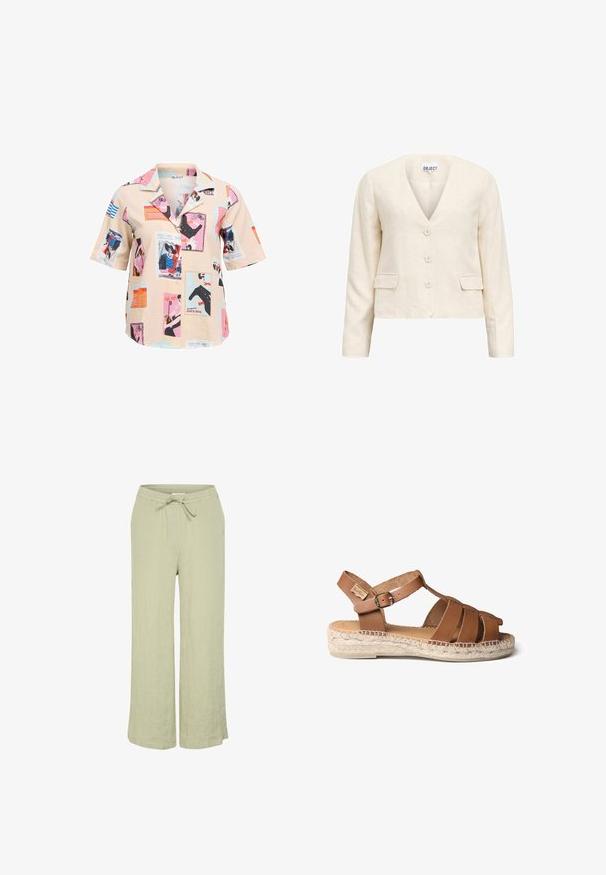Blazer pour femmes de couleur crème avec col en V, trois boutons à l'avant, manches longues et deux poches à rabat à la taille.; Chemise à manches courtes avec boutons, fond beige et imprimés graphiques colorés de style carte postale vintage en rose, bleu, noir et orange.; Pantalons larges en lin vert clair avec une taille élastique et un cordon de serrage, présentant un tissu texturé et une coupe décontractée.; Sandale en cuir marron avec semelle en corde tressée, présentant un design à lanières, une boucle réglable à la cheville et une texture lisse.