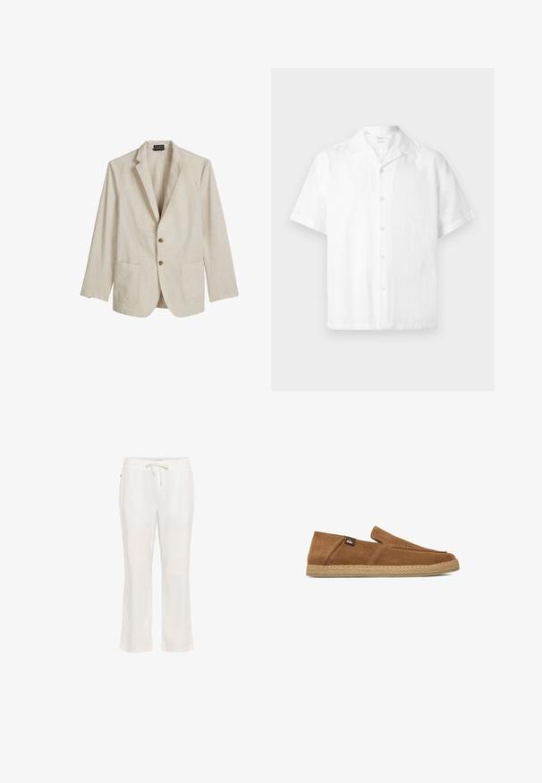 Blazer beige à simple boutonnage avec col cranté, deux poches plaquées à l'avant et deux boutons marron, présenté sur fond blanc.; Chemise blanche à manches courtes boutonnée avec col camp, fabriquée en tissu léger, présentée sur un fond uni.; Pantalon léger en lin blanc avec une taille élastique et un cordon de serrage. Conception à jambe droite avec une texture lisse et sans motifs notables.; Chaussure marron en suède sans lacets avec semelle en jute tissée et petite étiquette logo en tissu sur le côté, présentée de profil sur fond blanc.