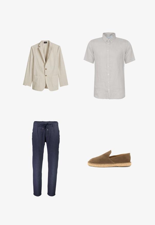 Beiger einreihiger Blazer mit Reverskragen, zwei aufgesetzten vorderen Taschen und zwei braunen Knöpfen, auf weißem Hintergrund dargestellt.; Casual Friday CFANTON LINEN - Hemd - chateau gray; Marineblaue, taillierte Hose aus strukturiertem Stoff, mit einem elastischen Taillenbund, verstellbarem Kordelzug und seitlichen Taschen.; Braune Wildleder-Espadrille zum Hineinschlüpfen mit geflochtener Jutesohle und niedrig geschnittenen Seiten, entworfen für den Freizeitgebrauch.