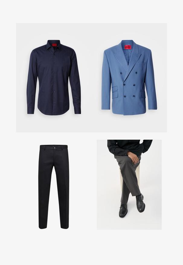 Blå dobbeltradet blazer med hvide knapperækker, afrundede revers og to forlommer. Har seks matchende knapper foran.; Marineblå skjorte med lange ærmer og et subtilt hørmønster, knapkrave og sorte knapper. Stoffet er en bomuldsblanding med en glat tekstur.; Sorte formelle bukser med knap og lynlås, lige snit og bæltestropper, vist på hvid baggrund.; Sorte læder snørebåndssko med en poleret finish, parret med grå skræddersyede bukser, vist i en siddende position mod en hvid baggrund.