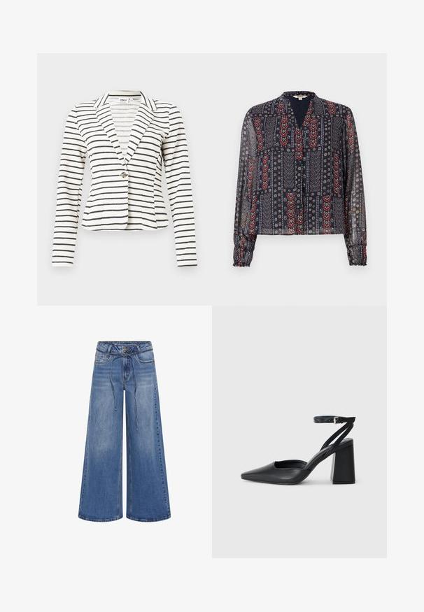 Hvid blazer med sorte vandrette striber, enkelt knaplukning, revers med hak og lange ærmer.; Gennemsigtig marineblå bluse med lange ærmer, knapper foran og mønster med røde, hvide og blå blomster og blade.; My Essential Wardrobe MWKARO 144 MID XWIDE - Wide leg - medium blue wash; Sort læder spidse pumps med ankelrem og en chunky hæl. Flad tekstur, slankt design og minimalistisk æstetik.