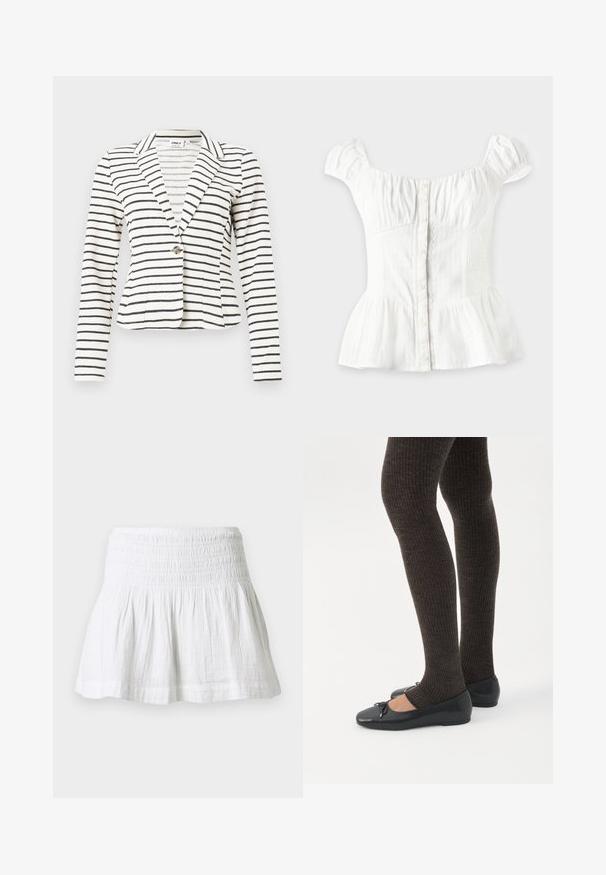 Blazer blanc à rayures horizontales noires, fermeture à un bouton, col à revers cranté et manches longues.; Blouse blanche à manches courtes avec boutons sur le devant, poitrine froncée, côtés élastiques, manches bouffantes et bas évasé sur fond clair.; Mini-jupe en coton blanc avec taille élastiquée smockée et ourlet évasé froncé sur fond uni.; Jambes portant des leggings côtelés foncés associés à des ballerines noires avec de petits détails en nœud sur fond blanc.