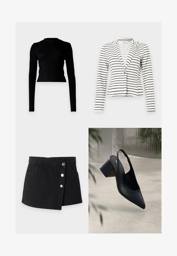 Witte blazer met zwarte horizontale strepen, eenknopsluiting, reverskraag met inkeping en lange mouwen.; Zwarte langmouwen crop top in ribbeltextuur, met een hoge halslijn en een aansluitend ontwerp. Minimalistische stijl zonder zichtbare patronen of accenten.; Zwarte denim minirok met asymmetrische voorklep, drie zilveren drukknopen, riemlussen en twee zijzakken.; Zwarte leren slingback hak met een spitse neus en een blokhak. Glad oppervlak, minimalistisch ontwerp en verstelbare enkelband.