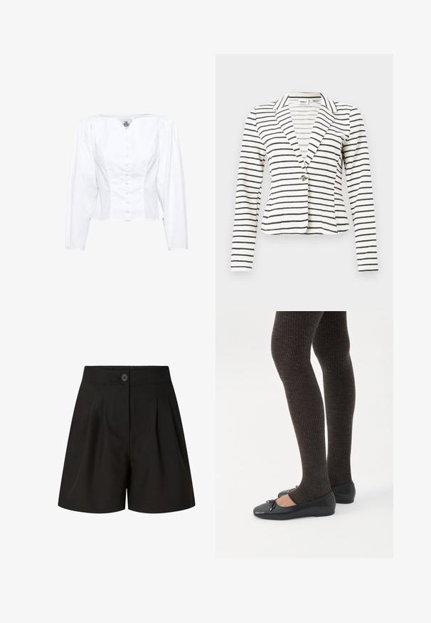 Blazer blanc à rayures horizontales noires, fermeture à un bouton, col à revers cranté et manches longues.; Blouse blanche courte avec un col carré, des manches longues bouffantes et une fermeture par boutons sur le devant. Tissu lisse avec une coupe ajustée et un léger brillant.; Shorts noirs taille haute ajustés avec plis à l'avant, fermeture par bouton et finition tissu lisse.; Jambes portant des leggings côtelés foncés associés à des ballerines noires avec de petits détails en nœud sur fond blanc.