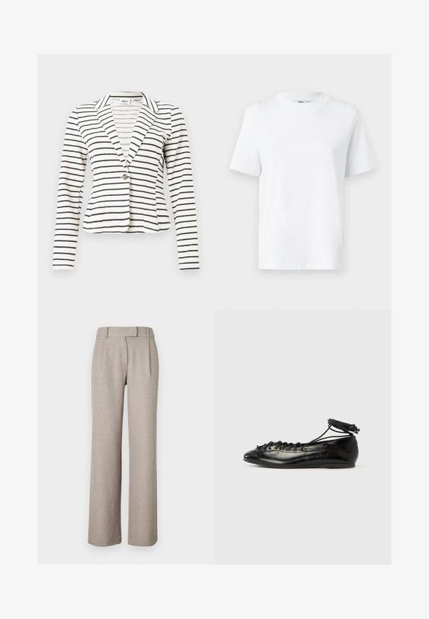 Blazer blanco con rayas horizontales negras, cierre de un solo botón, cuello con solapa entallada y mangas largas.; Camiseta de algodón blanca de cuello redondo con mangas cortas y una textura suave. Diseñada con un ajuste relajado para mayor comodidad y versatilidad.; Pantalones beige a medida de una tela texturizada, con un diseño de pierna recta y plisados en la parte delantera. Sin hardware ni patrones visibles.; Zapatos planos tipo ballet de charol negro con punta redondeada, diseño con cordones y suela plana. Textura lisa con detalles mínimos.