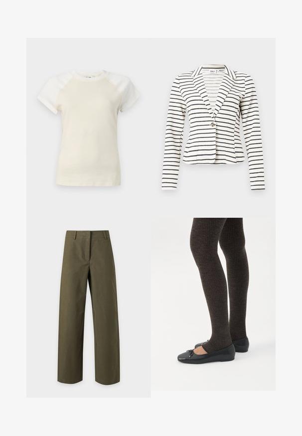 Blazer blanc à rayures horizontales noires, fermeture à un bouton, col à revers cranté et manches longues.; T-shirt crème à manches courtes avec manches raglan écru et col rond sur un fond uni.; Pantalon droit vert olive avec passants de ceinture et fermeture avant dissimulée, présenté sur un fond uni clair.; Jambes portant des leggings côtelés foncés associés à des ballerines noires avec de petits détails en nœud sur fond blanc.