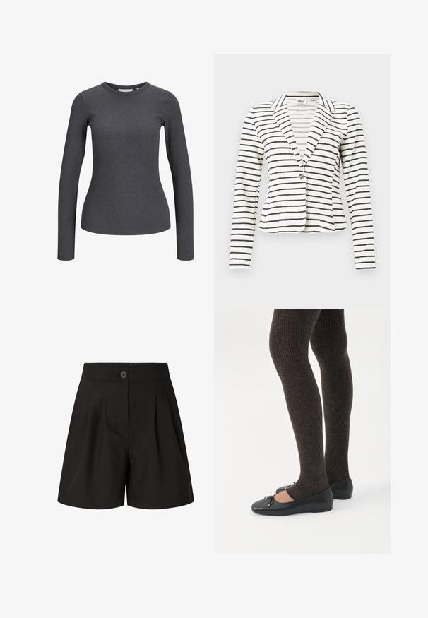 Hvid blazer med sorte vandrette striber, enkelt knaplukning, revers med hak og lange ærmer.; Langærmet, ribbet top i mørkegrå. Har en rund halsudskæring og tætsiddende silhuet. Fremstillet af et strækbart stof for komfort.; Sorte skræddersyede shorts med høj talje, forreste folder, knaplukning og en glat stoffinish.; Ben iført mørke ribbede leggings kombineret med sorte balletsko med små sløjfedetaljer på hvid baggrund.