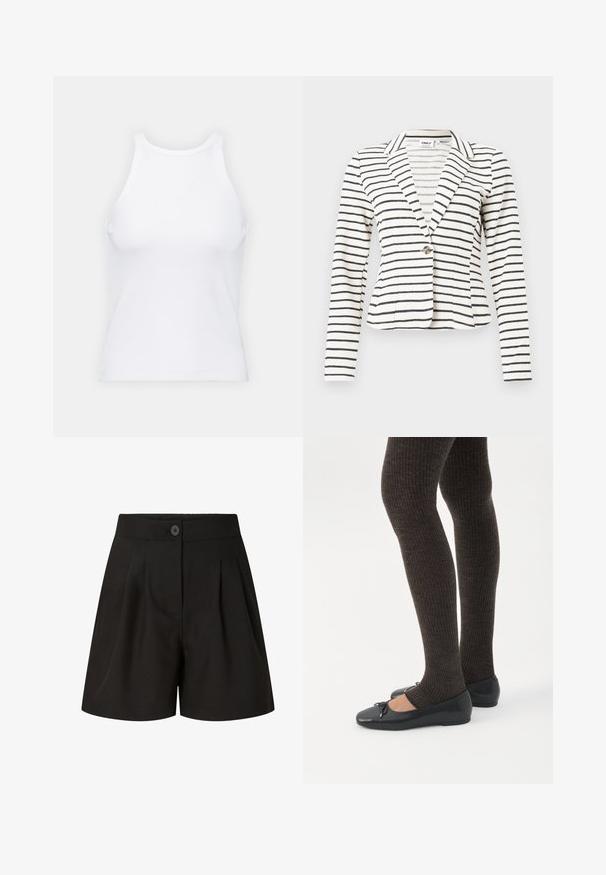Hvid blazer med sorte vandrette striber, enkelt knaplukning, revers med hak og lange ærmer.; Hvid ærmeløs tanktop lavet af ribbet stof, med en rund halsudskæring og en tætsiddende silhuet, med minimale sømme og ingen pynt.; Sorte skræddersyede shorts med høj talje, forreste folder, knaplukning og en glat stoffinish.; Ben iført mørke ribbede leggings kombineret med sorte balletsko med små sløjfedetaljer på hvid baggrund.