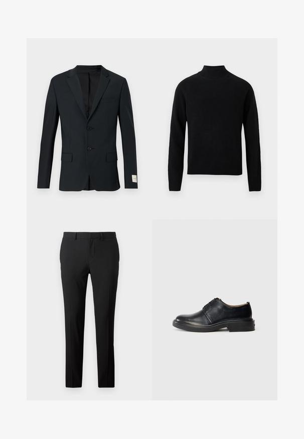 Mørkeblå blazer, enkeltradet med to knapper, med hakker lapel og to forlommer. Glat stof med en subtil struktur.; Sort rullekrave-trøje med lange ærmer, lavet af blødt strikket materiale. Har en ribbet krave og kant for en tætsiddende silhuet.; Skræddersyede sorte bukser i et glat stof. Har et lige ben-design, frontfald og bæltestropper til justerbar størrelse.; Sorte læder oxford sko med rund tå, snørebånd foran og lav, stablet hæl på lys baggrund.