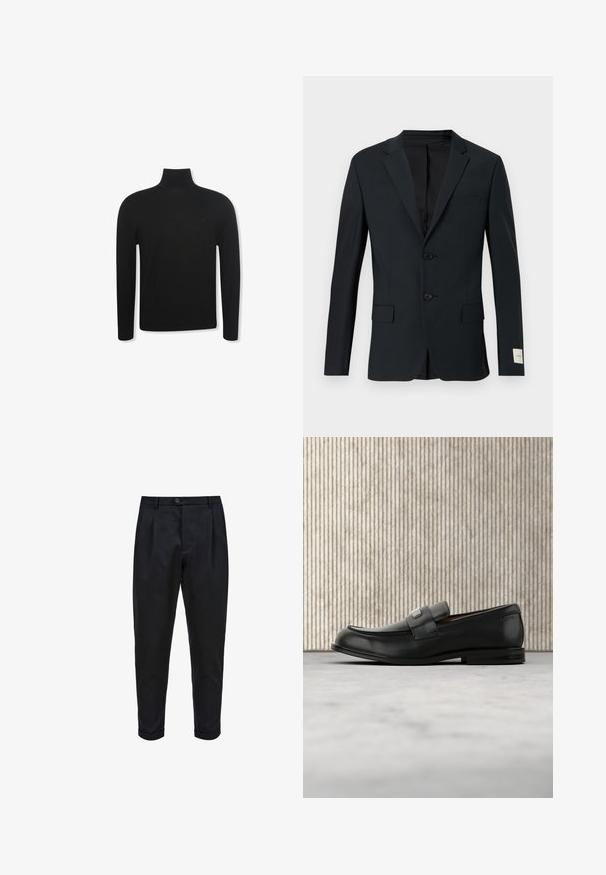 Blazer azul marino oscuro, de un solo botón con dos botones, solapas con muesca y dos bolsillos frontales. Tela suave con una sutil textura.; Jersey negro de cuello alto y manga larga con un ajuste entallado y un logo sutil en la zona izquierda del pecho, mostrado sobre fondo blanco.; Pantalones negros de tejido suave, con un frente plisado, ajuste tapered y puños enrollados. Cierre de botón sencillo en la cintura.; Mocasín de cuero negro con una placa metálica de marca apoyado cerca de una mesa redonda marrón sobre un suelo alfombrado beige.