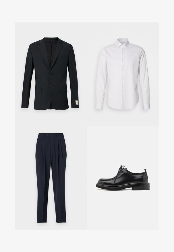 Blazer azul marino oscuro, de un solo botón con dos botones, solapas con muesca y dos bolsillos frontales. Tela suave con una sutil textura.; Camisa blanca de manga larga con cuello puntiagudo, cierre frontal con botones, fabricada en un tejido suave. Presenta una sutil textura a rayas.; Pantalones de marine con cintura alta, frente plisado y cierre de botón único. La tela parece suave con un ajuste entallado y un diseño de pierna recta.; Calvin Klein LACE UP APRON BRUSH OFF - Zapatos de vestir - black