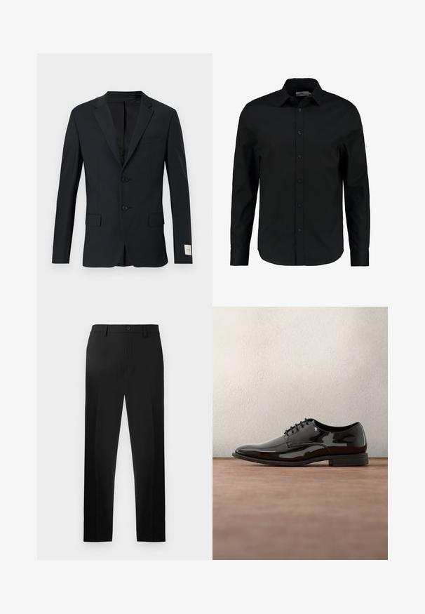 Dark navy blazer, single-breasted with two buttons, notched lapels, and two front pockets. Smooth fabric with a subtle texture.; Black long-sleeve shirt made of smooth fabric, features a button-up front, pointed collar, and a tailored fit with a curved hem.; Black dress pants made of smooth fabric, featuring a straight leg design, front pleats, and a button closure at the waist.; Black patent leather dress shoe with a rounded toe, lace-up design, and smooth, shiny surface. Features a low-profile rubber sole.