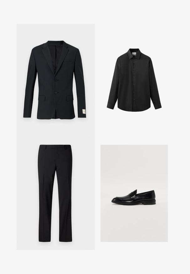 Mørkeblå blazer, enkeltradet med to knapper, med hakker lapel og to forlommer. Glat stof med en subtil struktur.; Sort skjorte med lange ærmer, knapper foran, spids krave og lige kant på hvid baggrund.; Sorte skræddersyede bukser med lige ben, der har en glat overflade, plissee foran og en klassisk talje for et formelt udseende.; Sorte læder loafers med rund tå, subtil syning og en glat overflade. Har en lav stablet hæl og en strop over vamsen.