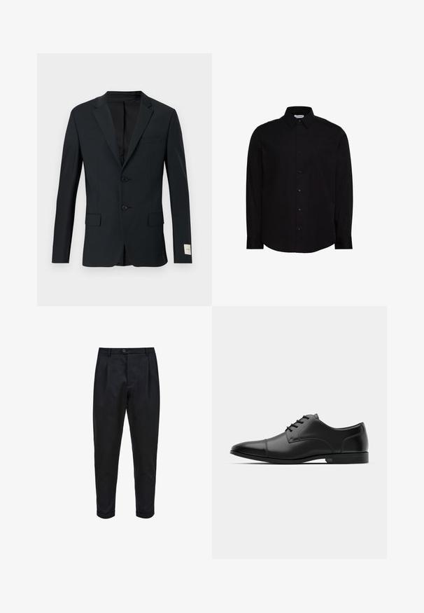 Blazer bleu marine foncé, à un seul bouton avec deux boutons, revers crantés et deux poches avant. Tissu lisse avec une texture subtile.; Chemise noire à manches longues avec boutons, fabriquée en tissu lisse. Elle présente un col classique, une patte de boutonnage à l'avant, et un petit logo sur la poitrine.; Pantalons noirs en tissu lisse, avec un devant plissé, une coupe fuselée et des ourlets roulés. Fermeture par bouton simple à la taille.; Chaussure habillée en cuir noir avec un bout arrondi, texture lisse, six œillets et une semelle noire basse. Présente une couture discrète sur le bout.