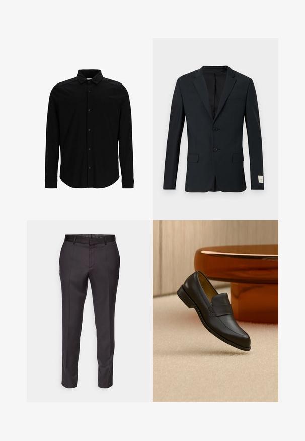 Blazer bleu marine foncé, à un seul bouton avec deux boutons, revers crantés et deux poches avant. Tissu lisse avec une texture subtile.; Chemise noire à manches longues en tissu lisse, dotée d'un devant à boutons, d'un col et d'un logo brodé subtil sur la poitrine.; Pantalons noirs sur mesure avec une texture lisse, un design structuré et des plis à l'avant. Ils présentent une jambe droite et une taille ajustée.; Mocassin en cuir noir à talon bas flottant au-dessus d'un sol moquetté beige près d'une table ronde marron.