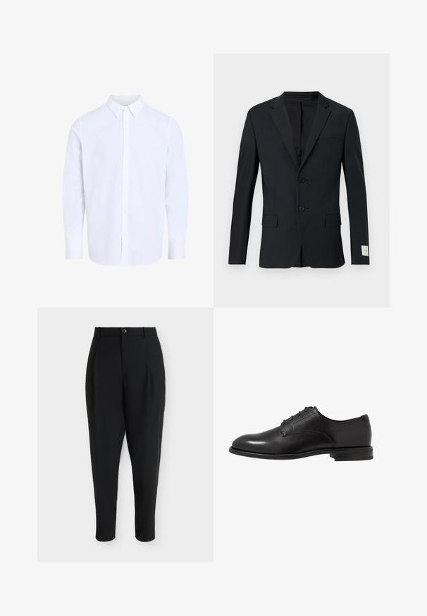 Mørkeblå blazer, enkeltradet med to knapper, med hakker lapel og to forlommer. Glat stof med en subtil struktur.; Hvid, langærmet skjorte med knapper, klassisk krave, lavet af glat stof, med knapstolpe foran og afrundet kant.; Sorte skræddersyede ankel-lange bukser med knap- og lynlås lukning, frontplisser, og bæltestropper, vist på hvid baggrund.; Sorte lædersko med en glat overflade, rund tå, seks snørrehuller og en lav stablet hæl. Enkel, klassisk design.