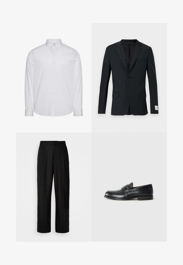 Blazer azul marino oscuro, de un solo botón con dos botones, solapas con muesca y dos bolsillos frontales. Tela suave con una sutil textura.; Camisa blanca de manga larga con botones, hecha de algodón. Presenta un cuello estándar, tapeta frontal con botones y dobladillo redondeado. Logo de la marca discreto.; Pantalones negros con corte recto, textura suave, pliegues frontales y cintura estándar. Diseño minimalista sin patrones adicionales.; Mocasines de cuero negro con punta redondeada, detalles cosidos y suela plana de goma. Presentan una banda ancha sobre el empeine.