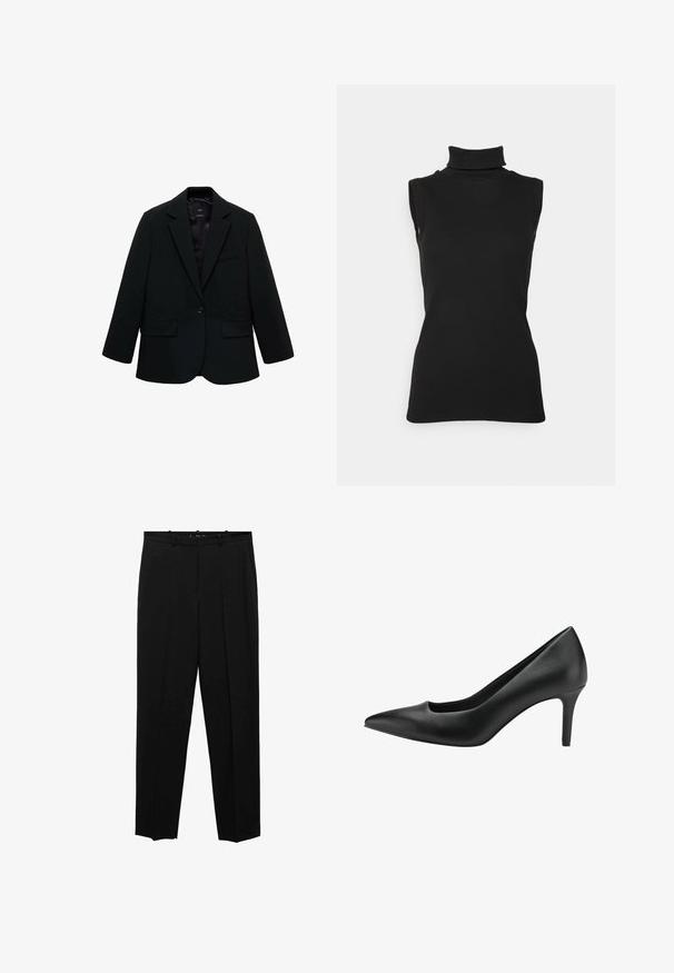 Zwarte blazer van gladde stof. Heeft een enkele knoopsluiting, notch-lapels en twee voorzakken. Simpel, op maat gemaakt ontwerp.; Zwarte mouwloze turtleneck top van ribstof, met een hoge hals en een getailleerde pasvorm. Gladde textuur met minimale details.; Zwarte op maat gemaakte broek met een recht model, met voorplooien, een gladde textuur en een standaard tailleband met riemlussen.; Zwarte leren hoge hak met een spitse neus, voorzien van een uitsnijdingen ontwerp en een slanke stiletto hak. Glad textuur en een elegante silhouet.