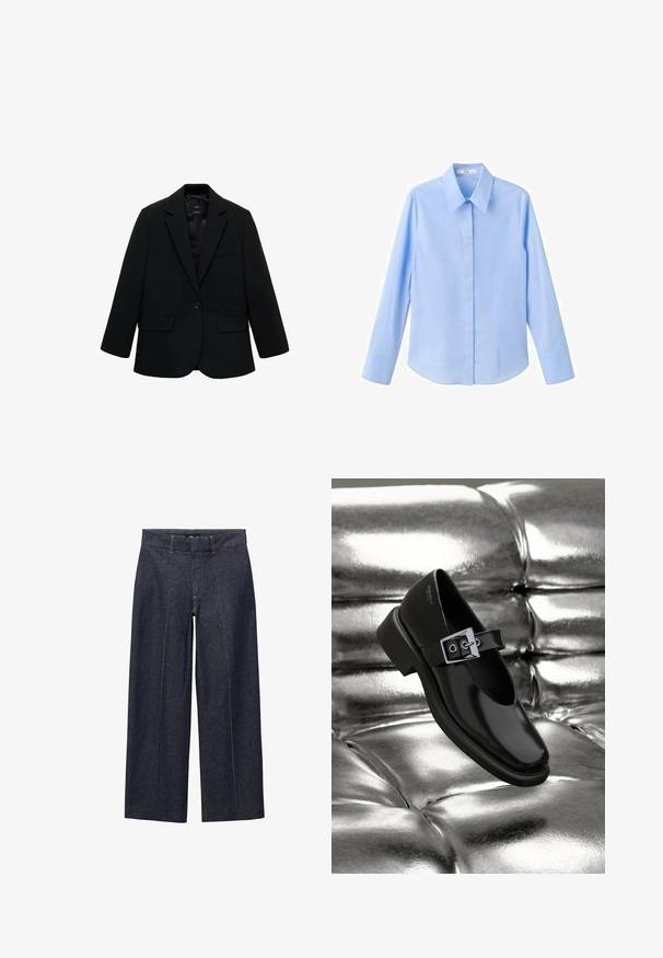 Zwarte blazer van gladde stof. Heeft een enkele knoopsluiting, notch-lapels en twee voorzakken. Simpel, op maat gemaakt ontwerp.; Lichtblauw overhemd met lange mouwen, klassieke kraag, gladde textuur, getailleerde pasvorm en zijnaden voor een gestructureerde uitstraling.; Donkerblauwe denim wijde broek met voornaad en een standaard tailleband. Voorzien van oranje stiksel en een cropped lengte.; Zwarte leren Mary Jane-schoenen met een vierkante neus, een zilveren gesp accent en een chunky lage hak, tegen een glanzende zilveren achtergrond.