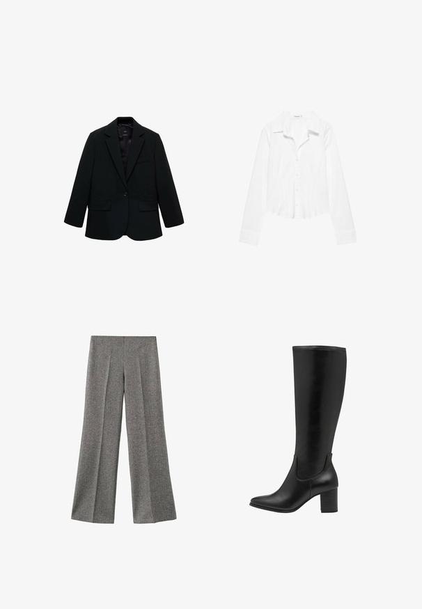 Sort blazer lavet af glat stof. Har en enkelt knaplukning, notchede klapkraver og to frontlommer. Enkel, skræddersyet design.; Hvid skjorte med lange ærmer, krave, let figursyet talje og manchetter med knapper, vist på en hvid baggrund.; Grå brede bukser lavet af struktureret stof, med frontfolder og lige snit, designet til en behagelig pasform.; Sorte knæhøje støvler lavet af glat læder. De har en spids tå, blokhæle og elastiske sidepaneler for nem påtagning.