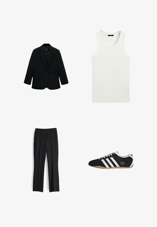 Blazer noir en tissu lisse. Présente une fermeture à un bouton, des revers crantés et deux poches avant. Design simple et ajusté.; Débardeur blanc côtelé sans manches avec encolure ronde et étiquette à l'intérieur du col.; Pantalon formel noir avec passants de ceinture, poches avant et coupe droite sur fond blanc.; Sneakers en suede noir avec trois bandes blanches, logo doré et semelle en caoutchouc marron. Présente un design à lacets à profil bas.