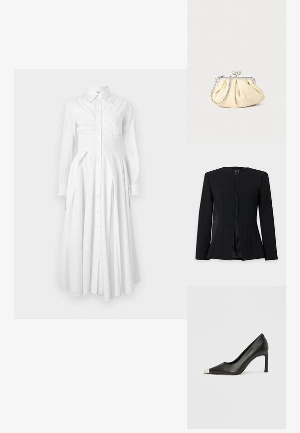 Zwarte, getailleerde blazer met lange mouwen, een ronde halslijn, enkele knopen aan de voorkant en een licht uitlopende taille, getoond op een effen achtergrond.; Witte katoenen jurk met lange mouwen, knoopsluiting aan de voorkant, geplooide rok en een getailleerde taille. Heeft een gestructureerd ontwerp en een zachte textuur.; Zwarte leren hoge hak met een spits toelopende neus en een metalen zilverkleurige kap. Heeft een gladde afwerking en een slanke hak van 10 cm.; Geplooide beige leren clutch met een zilveren metalen frame, voorzien van twee ronde decoratieve sluitingen en een zilveren kettingriem.