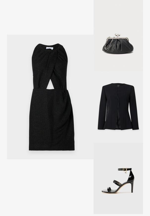 Sort blazer med lange ærmer, rund halsudskæring, enkeltknapslukning foran og let udsvinget talje, vist på ensfarvet baggrund.; Sort kjole med en snoet halsudskæring, udskæringsdetalje i taljen og tekstureret stof med subtil glans. Enkel, tætsiddende silhuet.; Sorte patenterede lædersandaler med tre stropper, ankelspænde og 10 cm stiletthæl. Har detaljer i guld og et logo charms.; Sort læder clutch med samlet tekstur, sølvfarvet metalramme, kys-lås lukning og kædestrop. Glat, blød overflade.