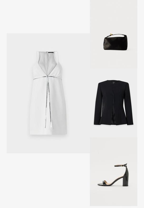 Blazer negro entallado de manga larga, con escote redondo, botones delanteros de una sola hilera y cintura ligeramente acampanada, mostrado sobre un fondo liso.; Vestido blanco sin mangas con un escote en V profundo, detalle de cremallera plateada y un acento de franjas horizontales texturizadas en la cintura. Acabado de tejido suave.; Sandalia de tacón alto en charol negro con pulsera en el tobillo y hebilla dorada, punta abierta y tacón ancho sobre fondo blanco.; Bolsa de terciopelo negro con forma redondeada, un asa superior y un cierre de acento dorado. Textura suave con un diseño minimalista.