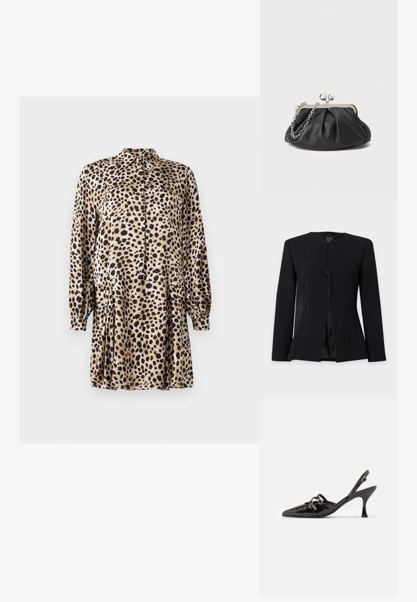 Sort blazer med lange ærmer, rund halsudskæring, enkeltknapslukning foran og let udsvinget talje, vist på ensfarvet baggrund.; Leopardprint kjole lavet af glat stof, med knaplukning foran, lange ærmer og en plisseret nederdel med klassisk krave.; ALOHAS JOELLE ONIX - Pumps - black; Sort læder clutch med samlet tekstur, sølvfarvet metalramme, kys-lås lukning og kædestrop. Glat, blød overflade.