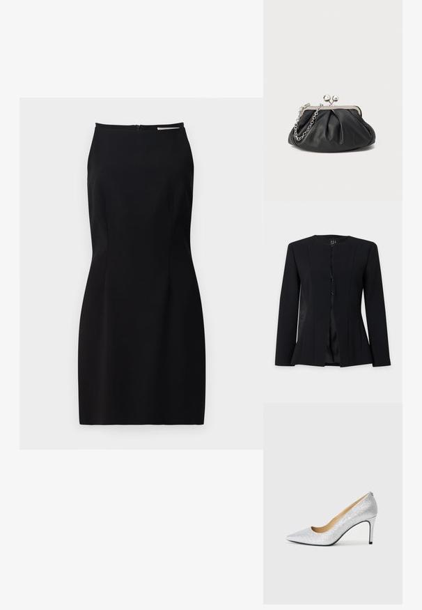 Schwarzer, taillierter Blazer mit langen Ärmeln, rundem Ausschnitt, einreihigen Knöpfen vorn und leicht ausgestellter Taille, vor schlichtem Hintergrund präsentiert.; Schwarzes ärmelloses Kleid mit taillierter Silhouette, glattem Stoff, einem Reißverschluss im Rücken und dezenten Nahtdetails.; Silberne Glitzer-Pumps mit hohen Absätzen, spitz zulaufender Zehenpartie und glattem Innenfutter. Der Absatz ist schmal und betont das elegante Design.; Schwarze Leder-Clutch mit geraffter Textur, silberfarbener Metallrahmen, Druckverschluss und Kettenriemen. Glatte, weiche Oberfläche.